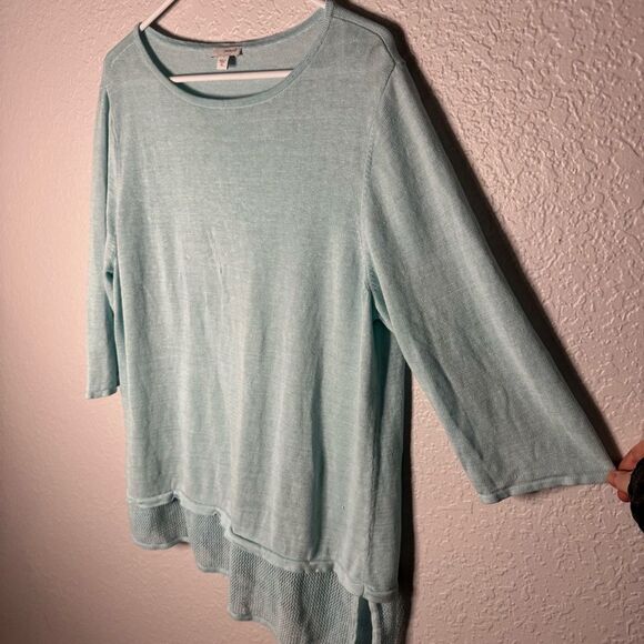 Pure J Jill Aqua Blue Linen Blend Asymmetrical Crochet Hem Tunic Top Size XL - Picture 2 of 10